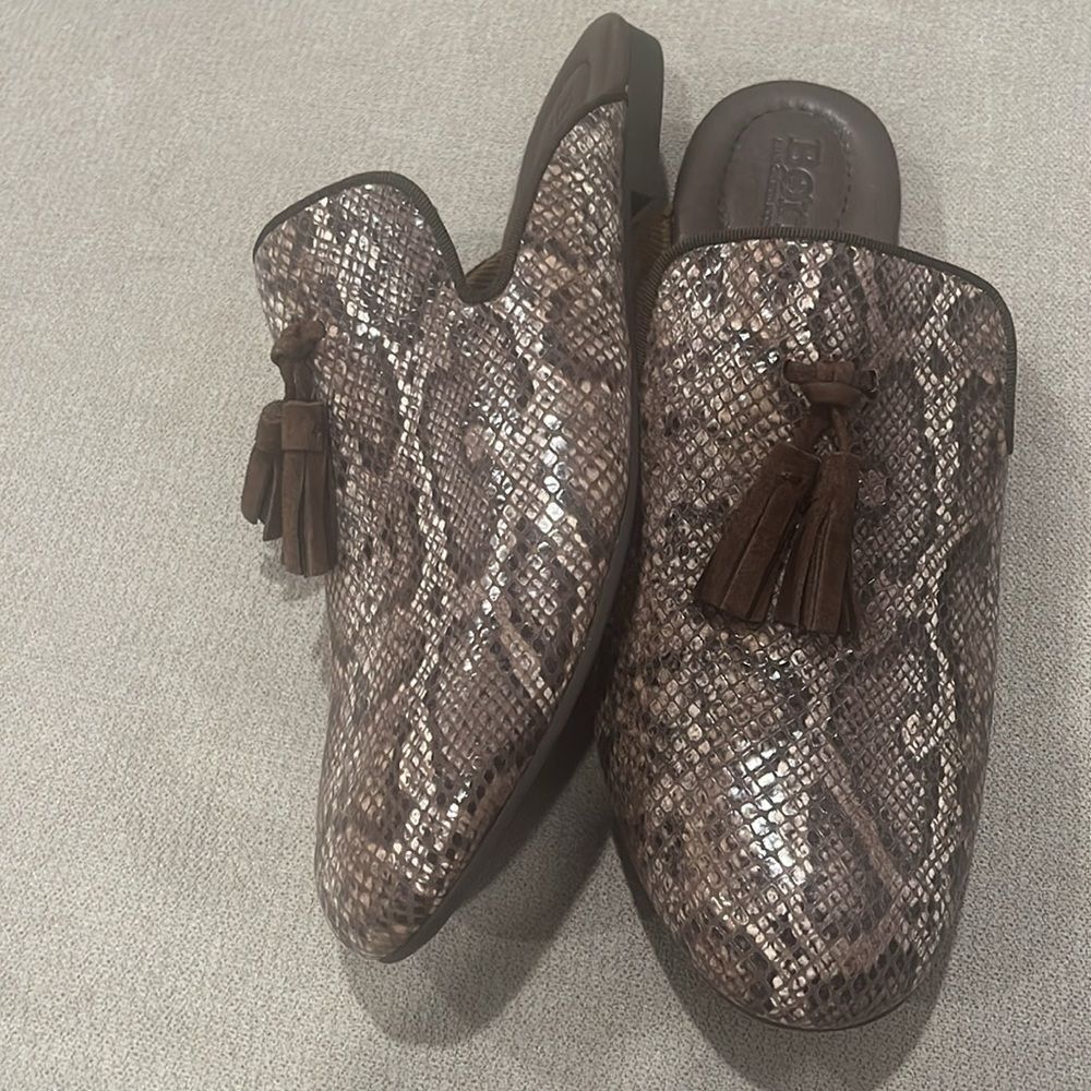 Born brown leather reptile print mules